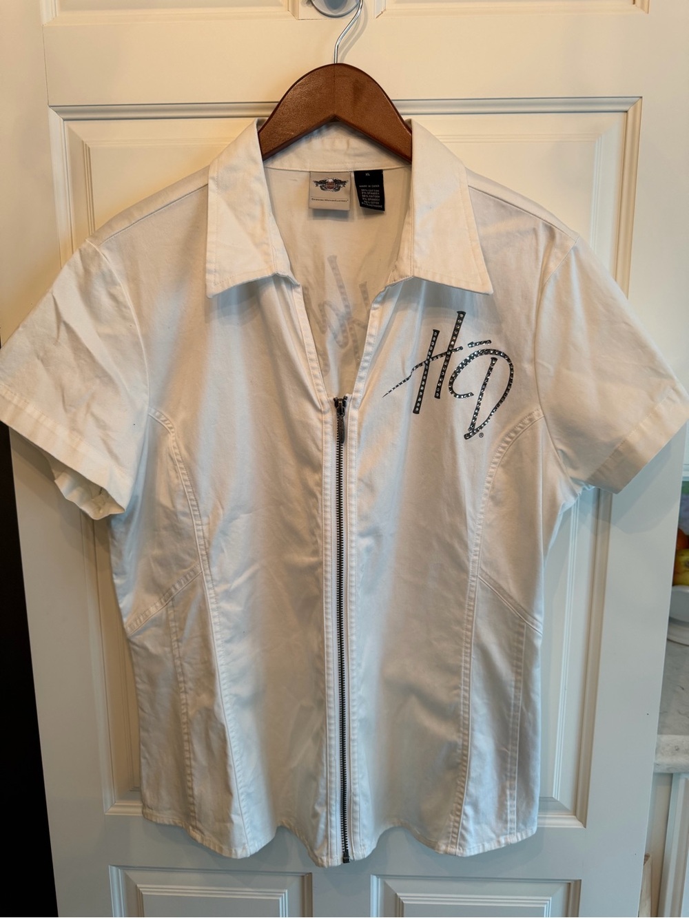 Vintage Harley Davidson Women White Full Zip Mechanic Rhinestone Bling Sz XL
